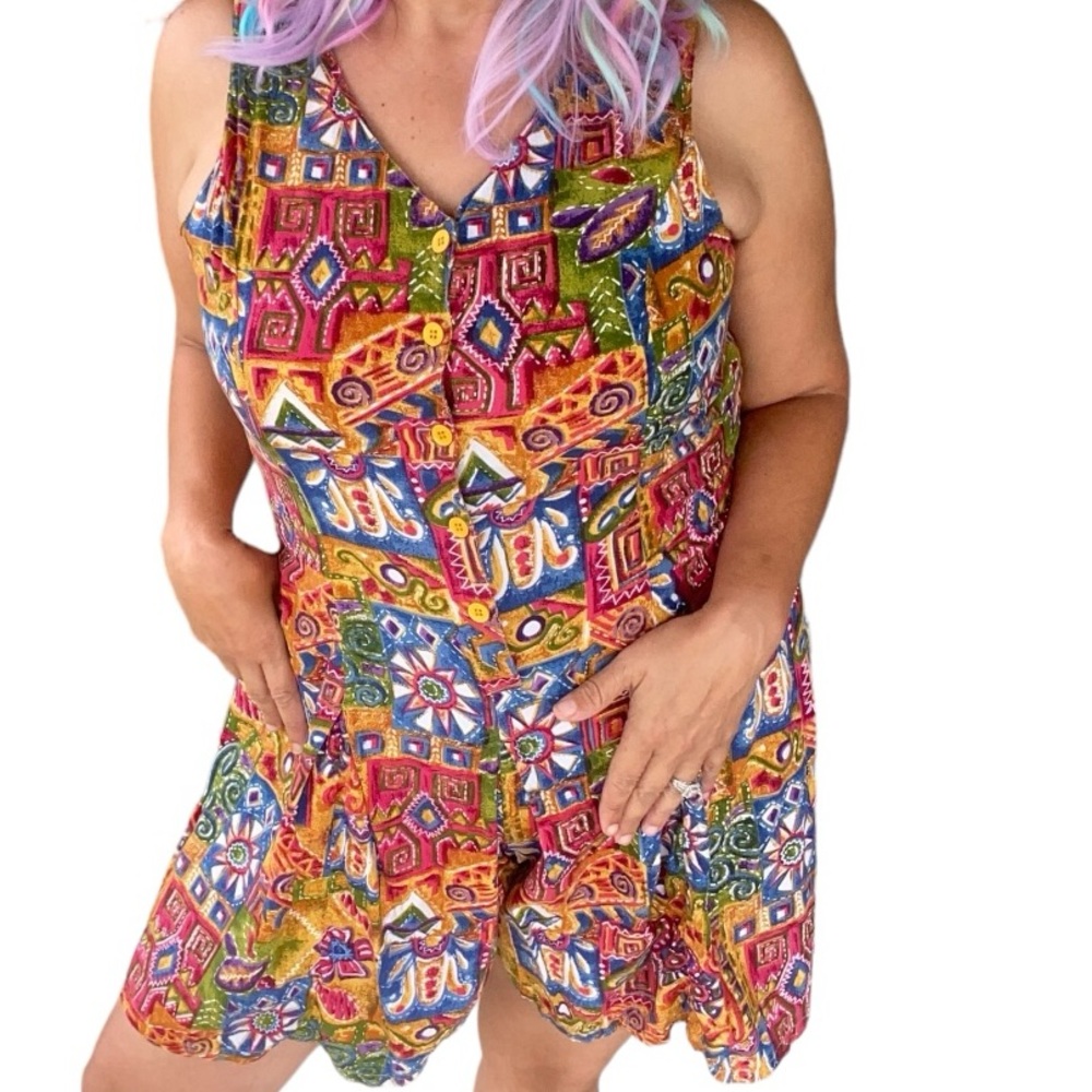 Vintage Colorful 90s Floral Jumpsuit Size XL Wide Leg Romper Abstract  Beach - Picture 5 of 8